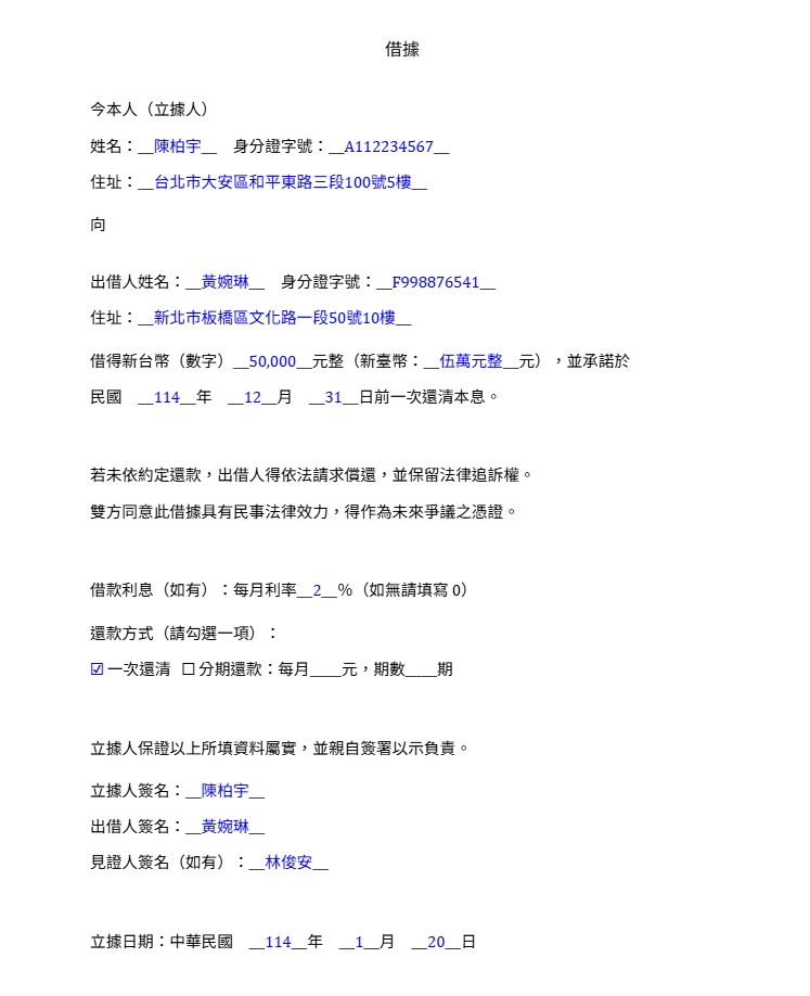 貸富人生|借據範本