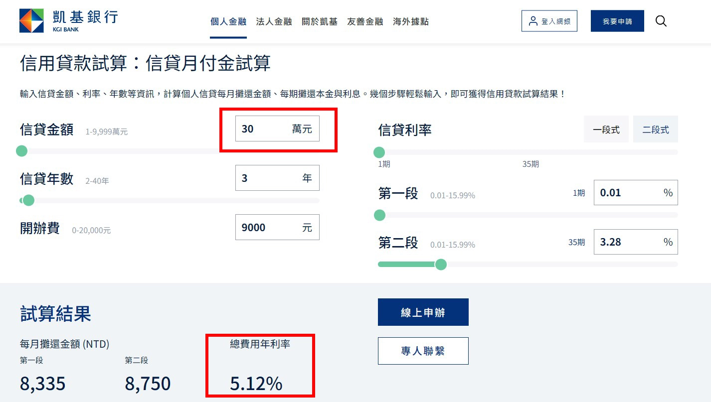 凱基銀行信用貸款試算