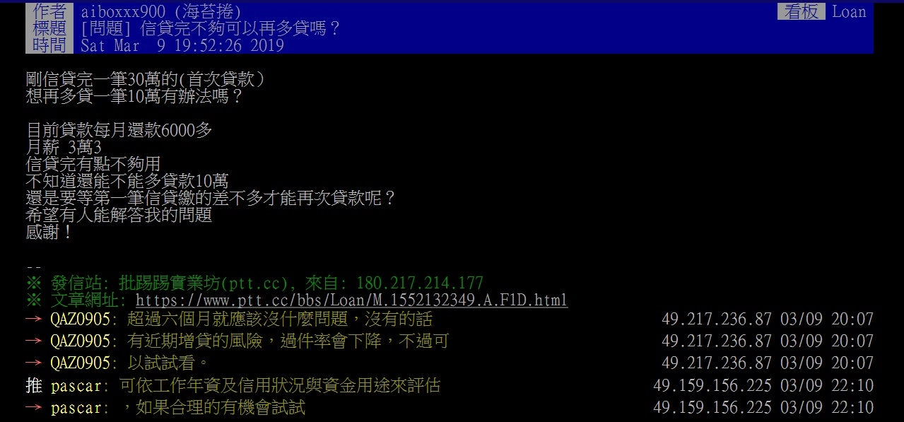 信貸增貸ptt  實際案例─等6個月再貸